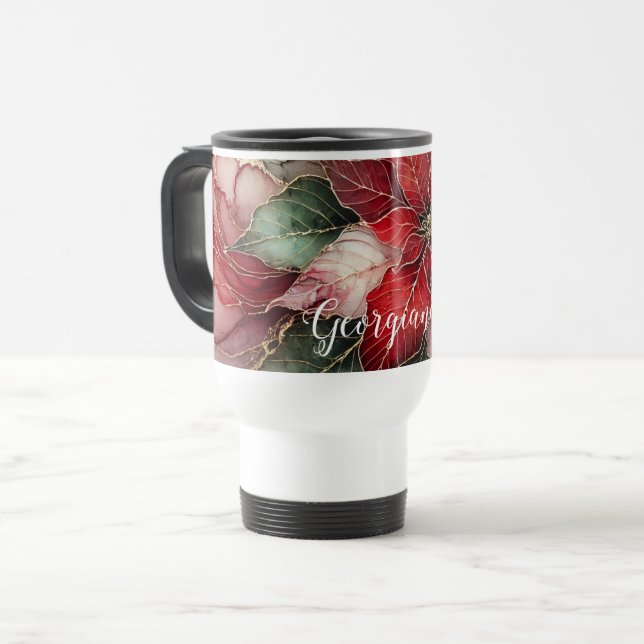 Personalised Festive Floral Alcohol Ink Poinsettia Travel Mug (Front Left)