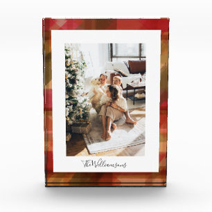 Personalised Festive Holiday Warm Plaid Family Red Photo Block