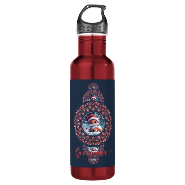 Personalised Festive Kawaii Fox Ornamental Mandala 710 Ml Water Bottle (Front)