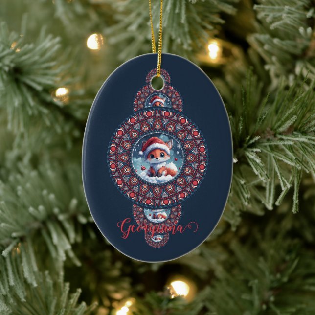 Personalised Festive Kawaii Fox Ornamental Mandala Ceramic Tree Decoration (Tree)