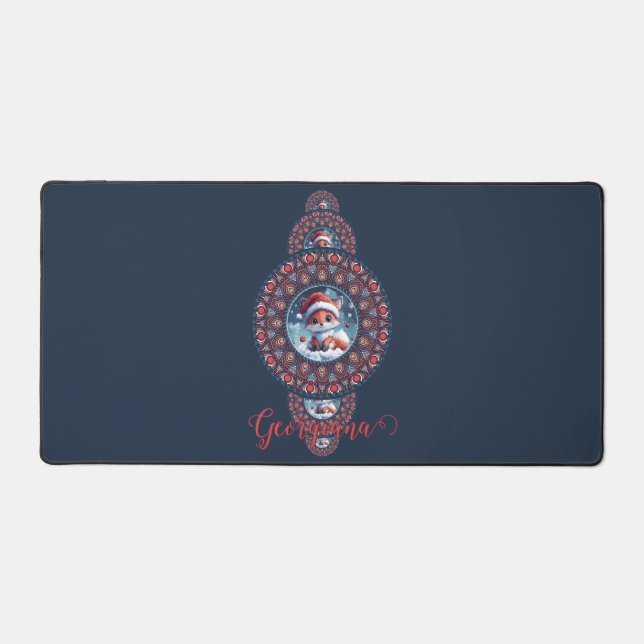 Personalised Festive Kawaii Fox Ornamental Mandala Desk Mat (Front)