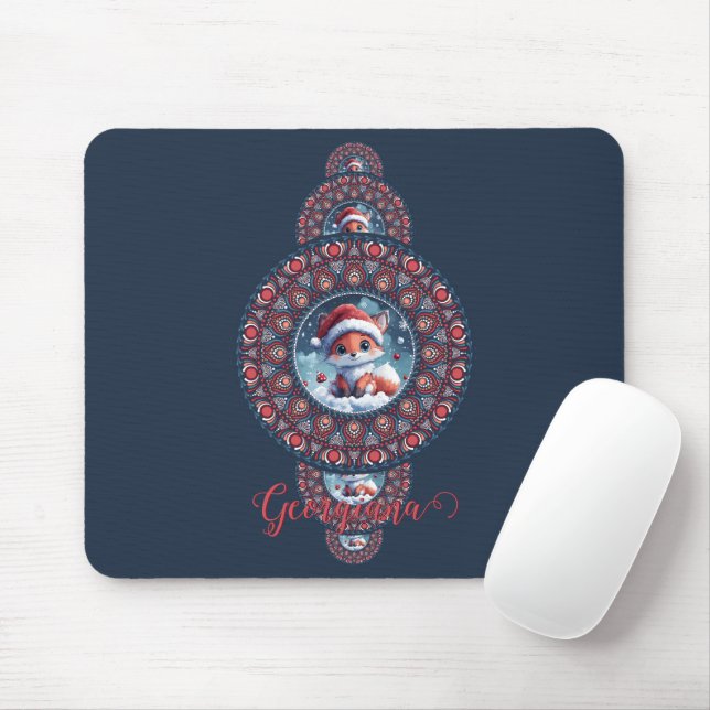 Personalised Festive Kawaii Fox Ornamental Mandala Mouse Mat (With Mouse)