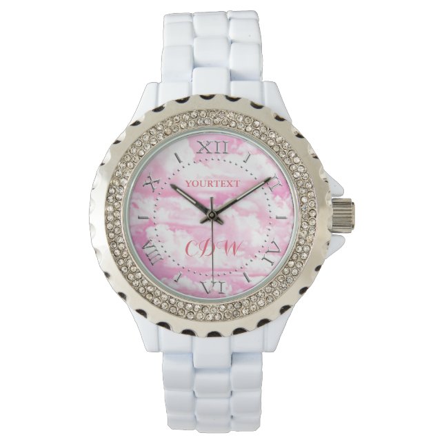 Personalised Festive Pastel Pink happy Clouds Watch (Front)