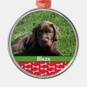Personalised Festive Puppy Dog Bones Photo Pet Metal Tree Decoration