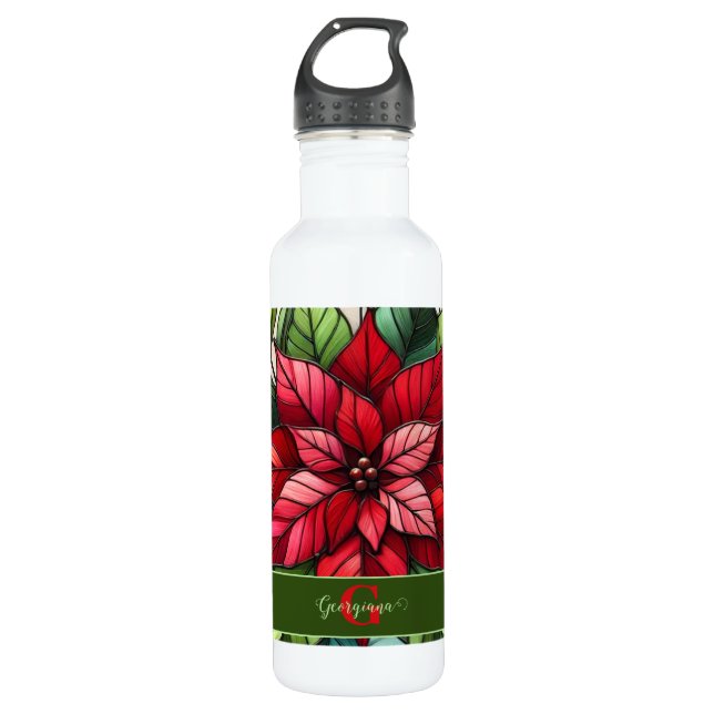 Personalised Festive Stained Glass Poinsettia 710 Ml Water Bottle (Front)