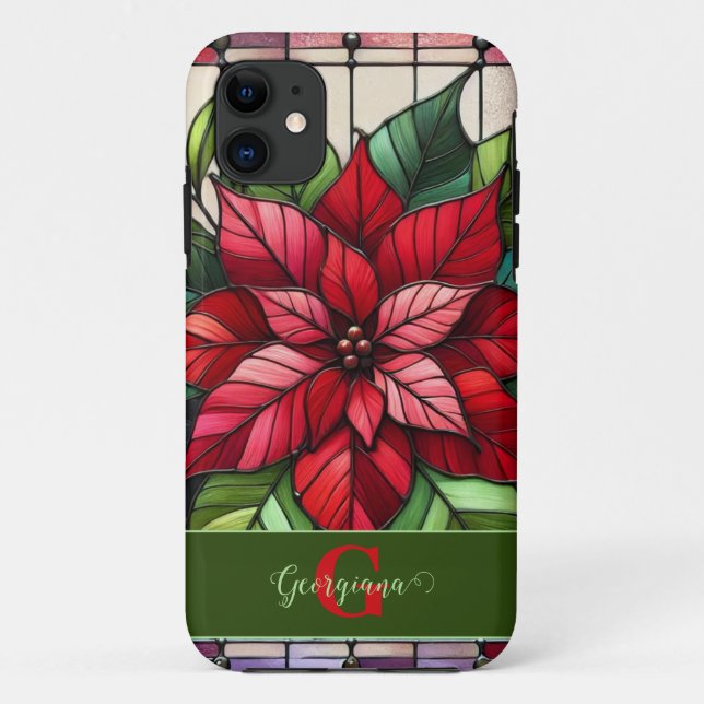Personalised Festive Stained Glass Poinsettia Case-Mate iPhone Case (Back)