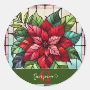 Personalised Festive Stained Glass Poinsettia Classic Round Sticker
