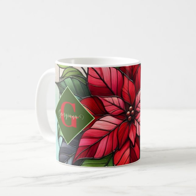 Personalised Festive Stained Glass Poinsettia Coffee Mug (Front Left)