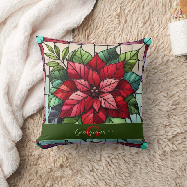 Personalised Festive Stained Glass Poinsettia Cushion (Blanket)