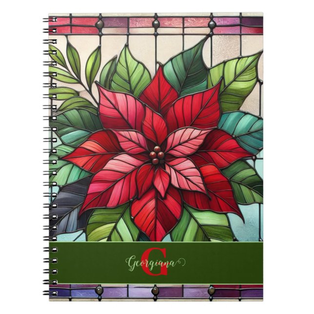 Personalised Festive Stained Glass Poinsettia Notebook (Front)