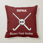 Personalised Field Hockey Team Name Jersey Number Cushion<br><div class="desc">This personalised field hockey design features 2 crossed field hockey sticks, a ball and your player's or coach's name, team name and jersey number. Personalise the background colour to match your team colours - just click on "customise" and then the small eye dropper. This makes a perfect for an end...</div>