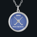 Personalised Field Hockey Team Name Jersey Number Silver Plated Necklace<br><div class="desc">This personalised field hockey design features 2 crossed field hockey sticks, a ball and your player's or coach's name, team name and jersey number. Personalise the background colour to match your team colours - just click on "customise" and then the small eye dropper. This makes a perfect for an end...</div>