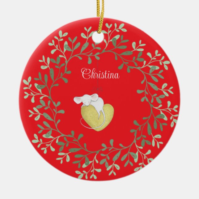 Personalised Field Mouse Wreath Keepsake Ceramic Tree Decoration (Front)