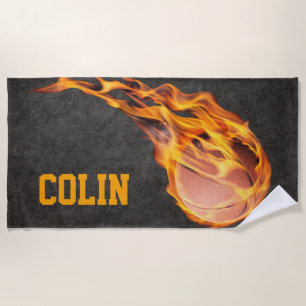Personalised Fiery Basketball Beach Towel