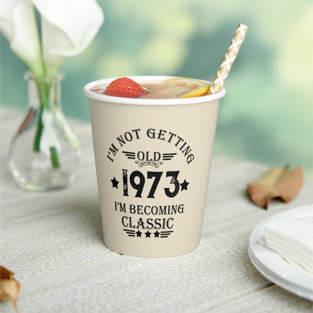 Personalised fifty vintage 50th birthday party paper cups (Insitu)