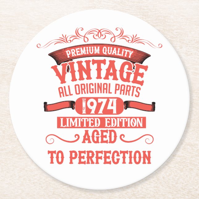 Personalised fifty vintage 50th birthday party round paper coaster (Front)