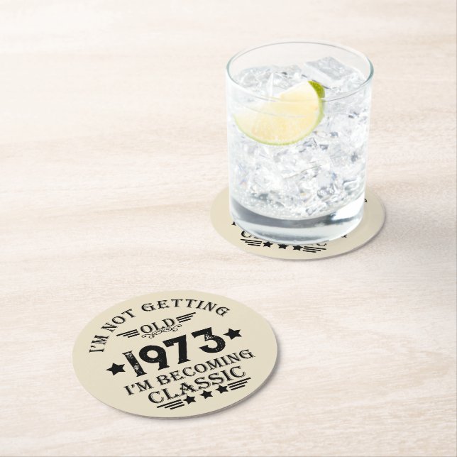 Personalised fifty vintage 50th birthday party round paper coaster (Insitu)