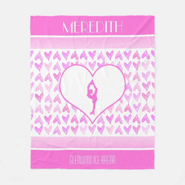 Personalised Figure Skater Pink Watercolor Hearts Fleece Blanket (Front)