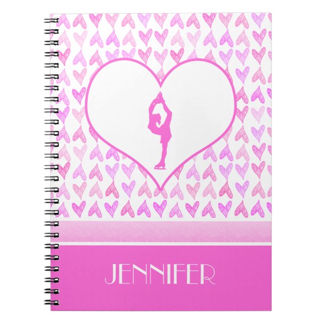 Personalised Figure Skater Pink Watercolor Hearts Notebook (Front)