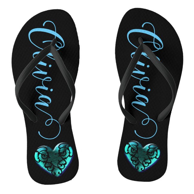 Personalised Filigree Goth Blue Heart Flip Flops (Footbed)
