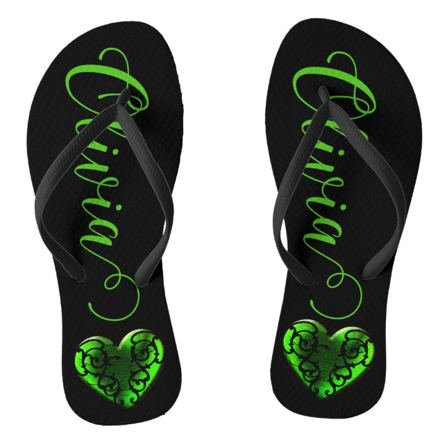 Personalised Filigree Goth Green Heart  Flip Flops (Footbed)