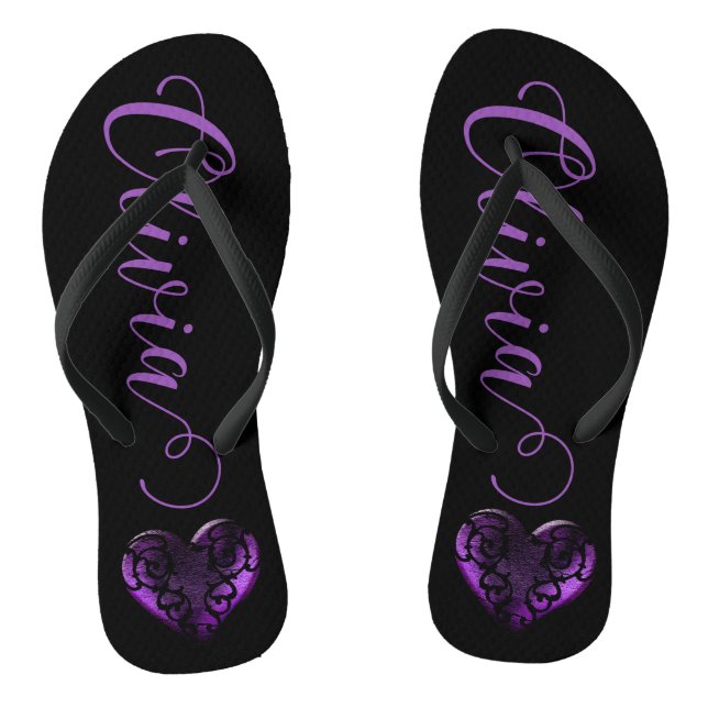 Personalised Filigree Goth Purple Heart Flip Flops (Footbed)