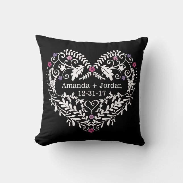 Personalised Filigree Heart, Wedding Date Names Cushion (Front)