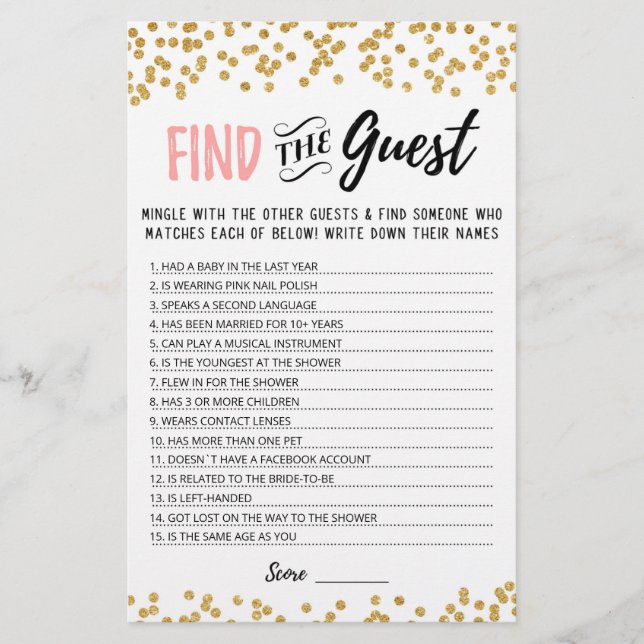 Personalised Find the guest Bridal Shower game (Front)