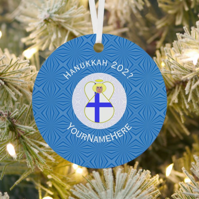 Personalised Finnish Angel Hanukkah Flag Metal Tree Decoration (Insitu)