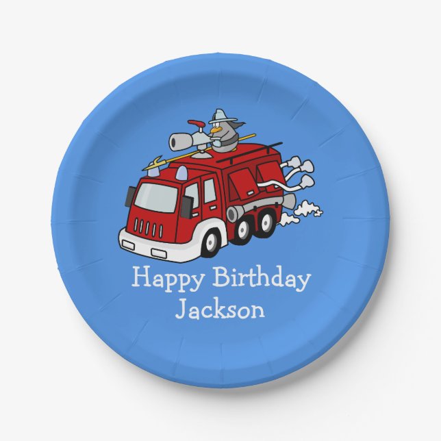 Personalised Fire Truck Boy's Birthday Paper Plate (Front)