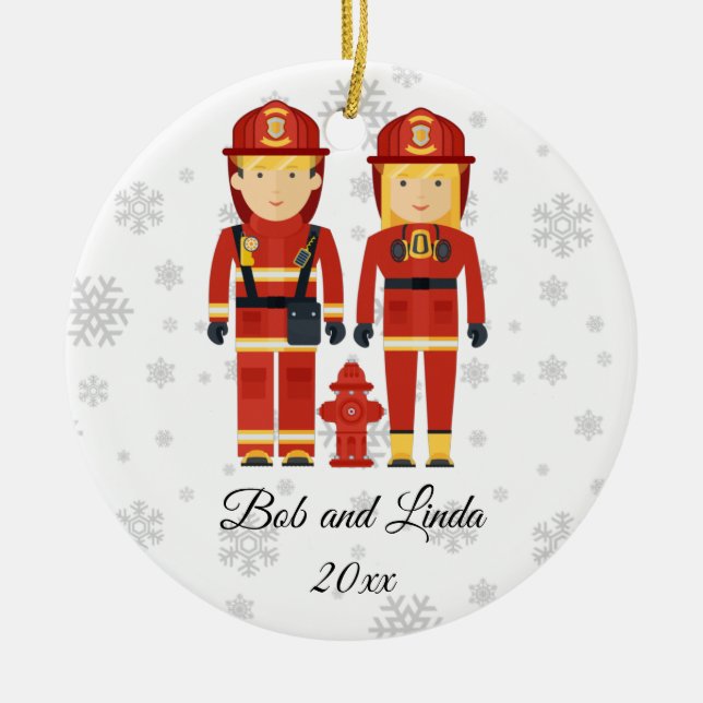Personalised Firefighter Couple Christmas Ceramic Tree Decoration (Front)