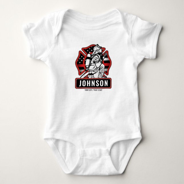 Personalised Firefighter Fire Dept Patriotic Flag  Baby Bodysuit (Front)