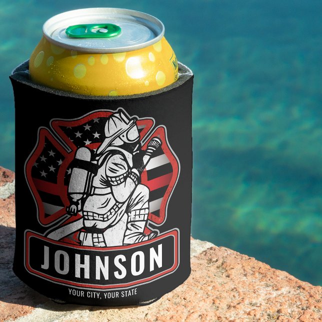 Personalised Firefighter Fire Dept Patriotic Flag  Can Cooler (Creator Uploaded)