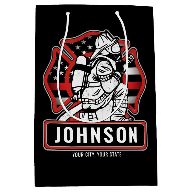 Personalised Firefighter Fire Dept Patriotic Flag  Medium Gift Bag (Front)