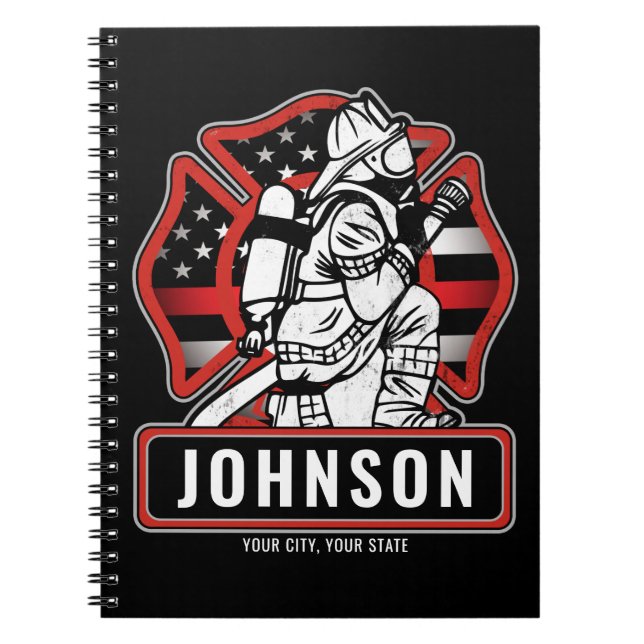 Personalised Firefighter Fire Dept Patriotic Flag Notebook (Front)
