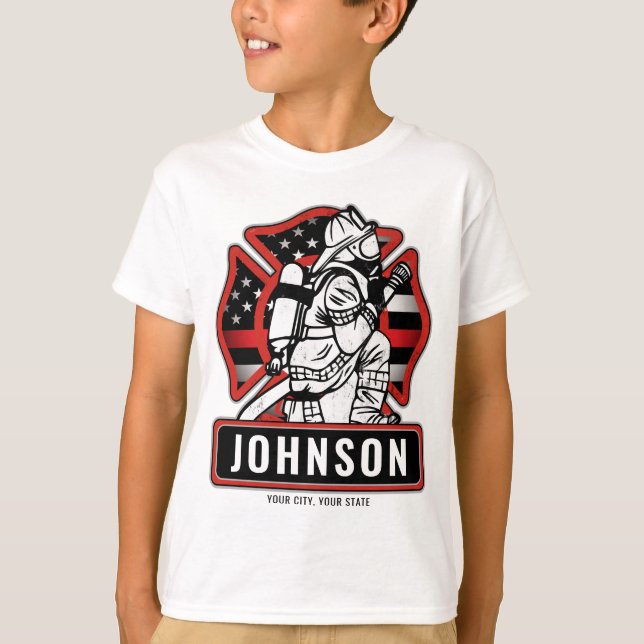 Personalised Firefighter Fire Dept Patriotic Flag  T-Shirt (Front)