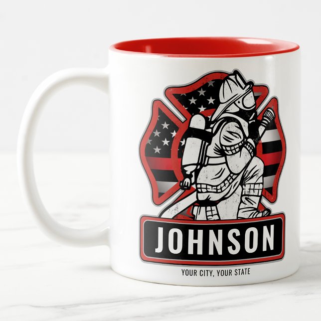 Personalised Firefighter Fire Dept Patriotic Flag  Two-Tone Coffee Mug (Creator Uploaded)