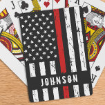 Personalised Firefighter Flag Thin Red Line Playing Cards<br><div class="desc">Thin Red Line playing cards - American flag in Firefighter Flag colours, distressed design . These Thin Red Line playing cards are perfect for a gift for a firefighter retirement, fireman graduation gifts, memorial events, and a wonderful gift to your favourite firefighter. A fun fire department game, or firefighter retirement...</div>