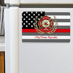 Personalised Firefighter Magnet<br><div class="desc">Fun firefighter's personalised fridge magnet. Maltese cross with your city name fire department,  your rank and name over the classic thin red line firefighter's flag.</div>
