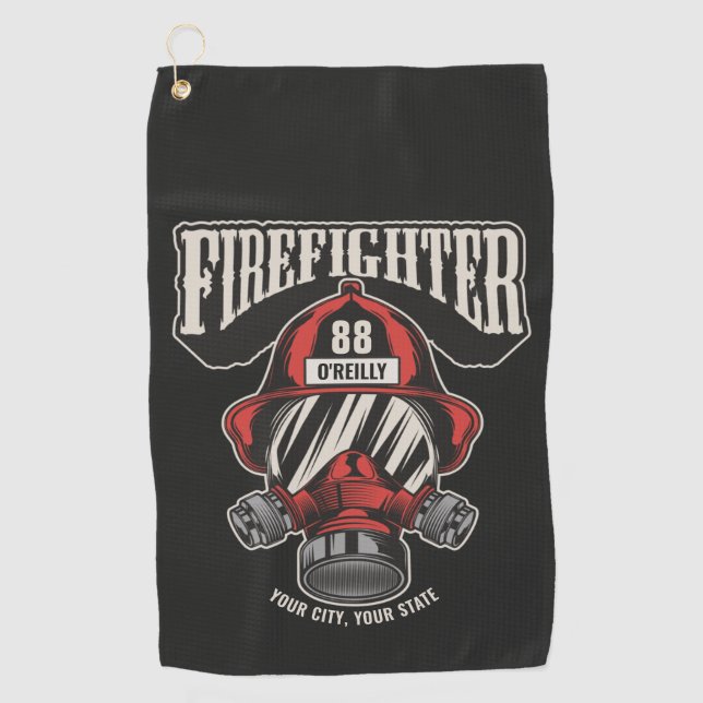Personalised Firefighter Mask Fire Dept Helmet Golf Towel (Front)
