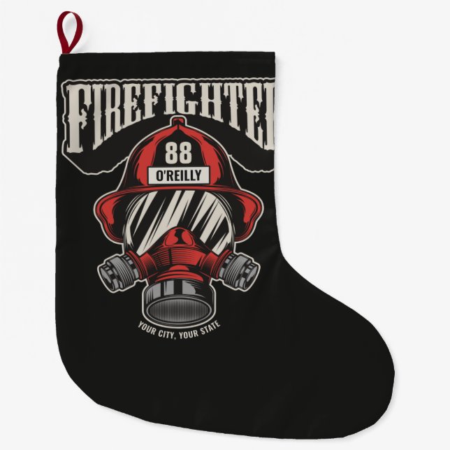 Personalised Firefighter Mask Fire Dept Helmet Large Christmas Stocking (Front)