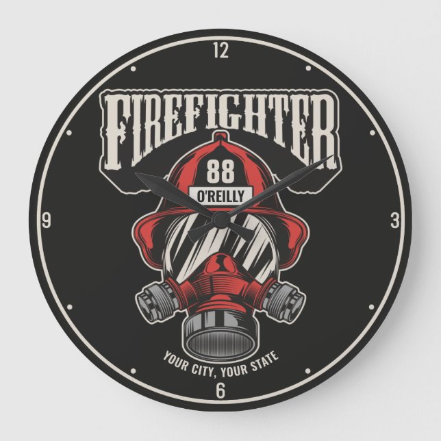 Personalised Firefighter Mask Fire Dept Helmet  Large Clock (Front)
