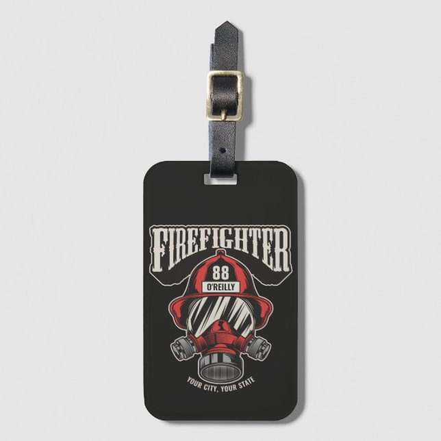Personalised Firefighter Mask Fire Dept Helmet Luggage Tag (Front Vertical)