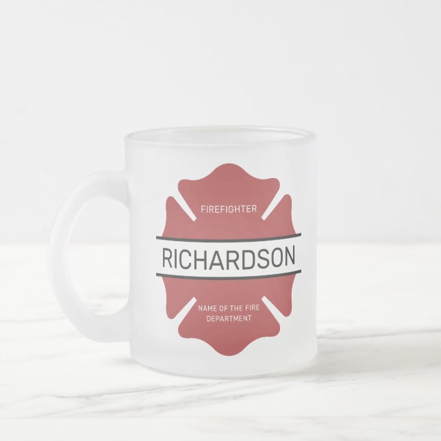 Personalised Firefighter Red Logo Symbol  Frosted Glass Coffee Mug (Left)