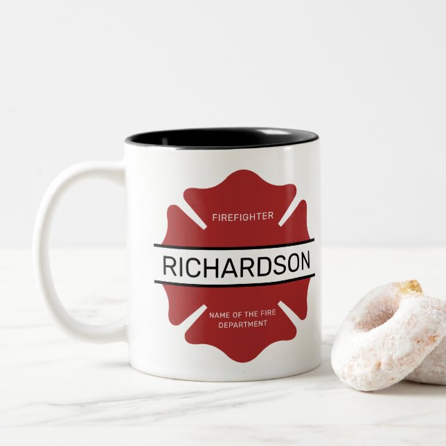 Personalised Firefighter Red Logo Symbol  Two-Tone Coffee Mug (With Donut)