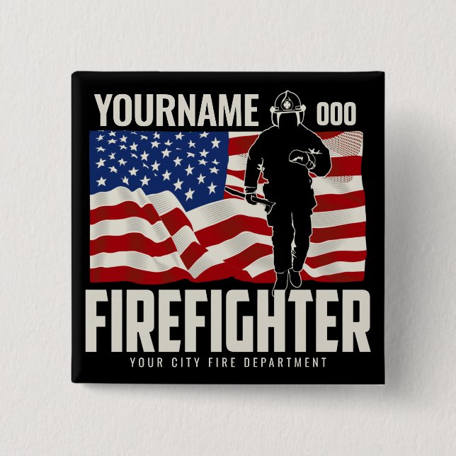 Personalised Firefighter Rescue USA Flag Patriotic 15 Cm Square Badge (Front)