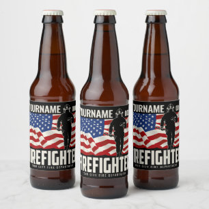 Personalised Firefighter Rescue USA Flag Patriotic Beer Bottle Label