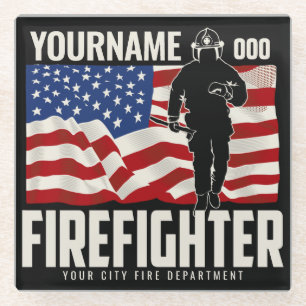 Personalised Firefighter Rescue USA Flag Patriotic Glass Coaster
