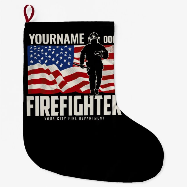 Personalised Firefighter Rescue USA Flag Patriotic Large Christmas Stocking (Front)