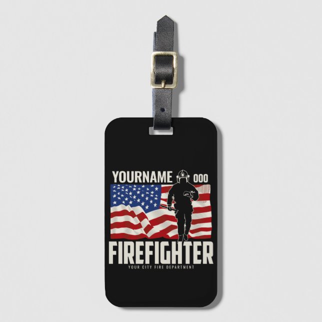 Personalised Firefighter Rescue USA Flag Patriotic Luggage Tag (Front Vertical)